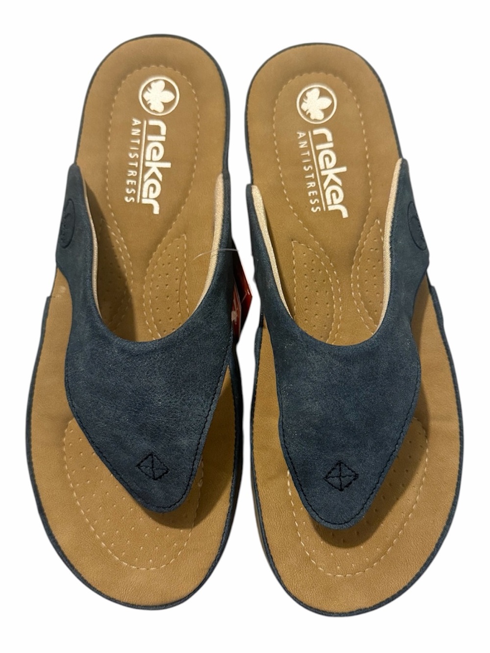 Rieker Navy Suede Thong Sandals with Tan Footbed